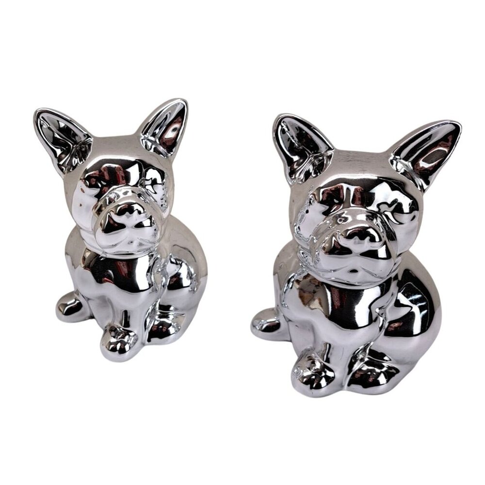 French Bulldog Figurine Set Of 2 Frenchie Dog Puppy Ceramic Silver Mirror Chrome